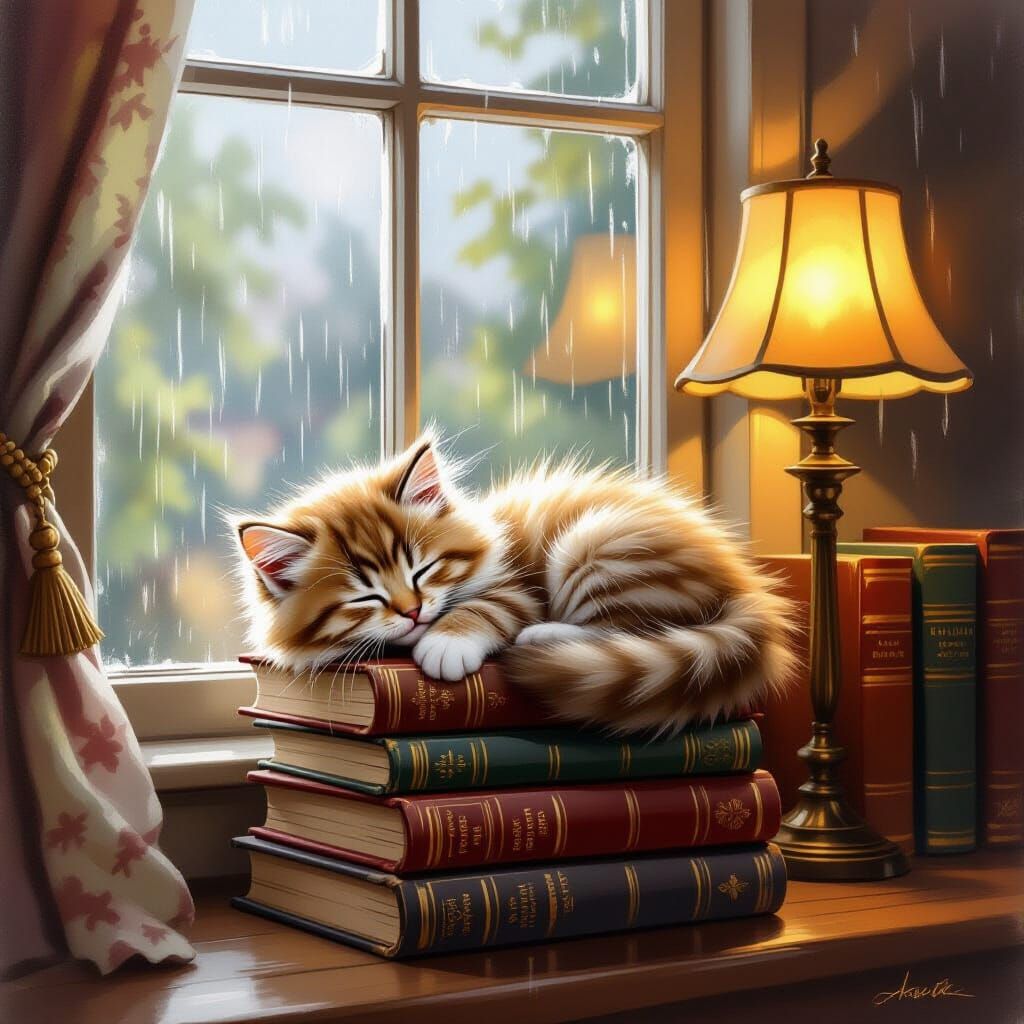 Kitten Nap on Books in Impressionistic Style