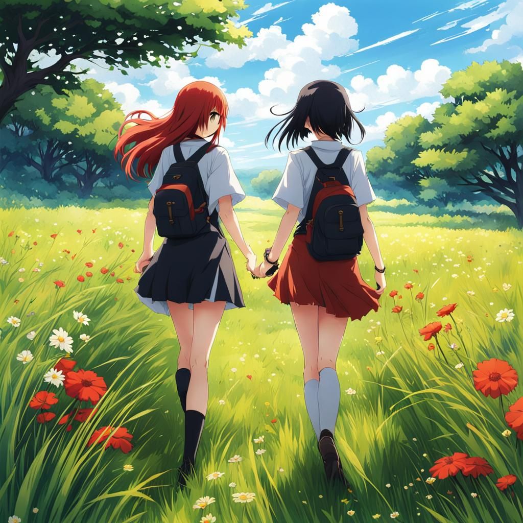 Anime Girls Strolling Through Field in Manga Style