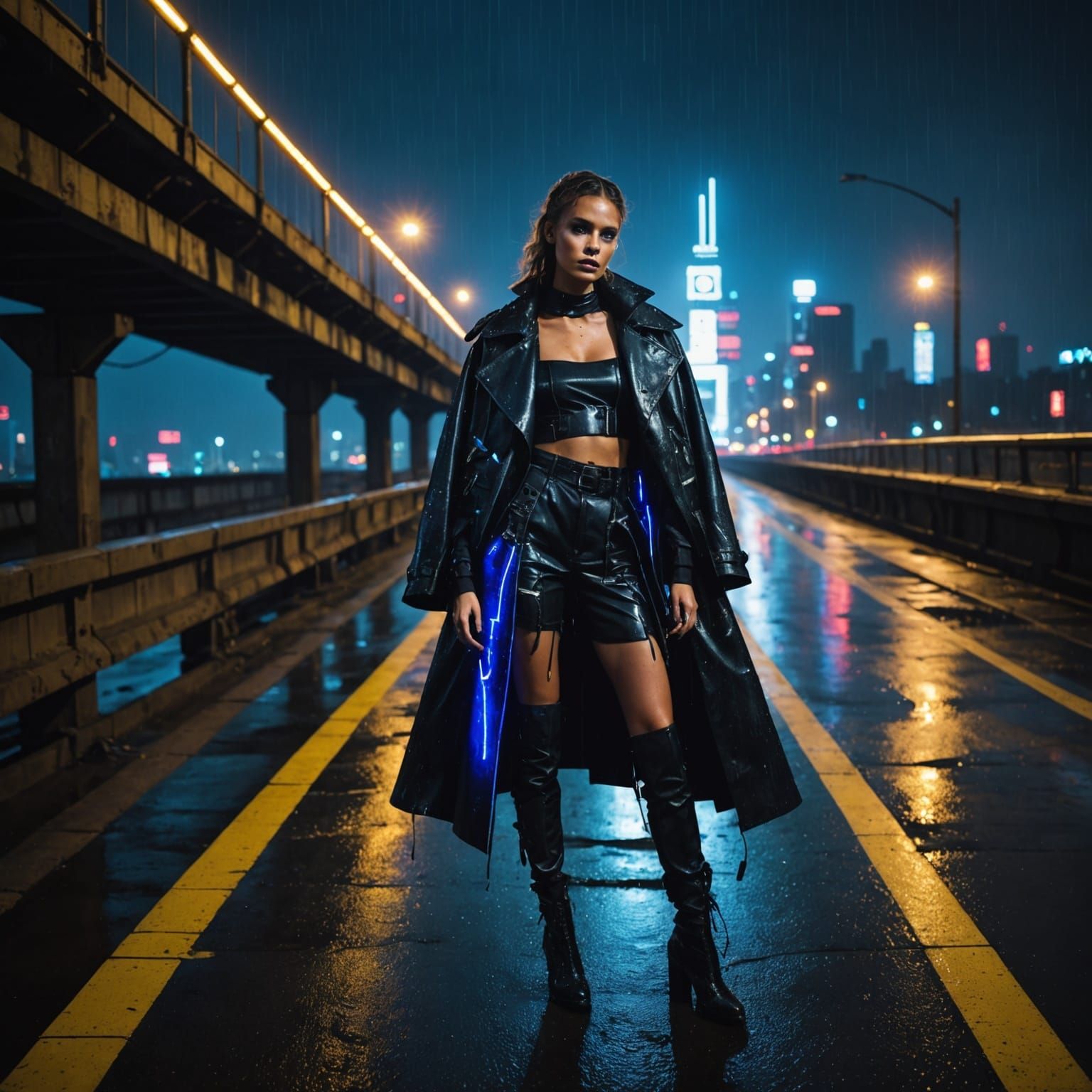 Avant-Garde Model in Recycled Fashion on Urban Overpass