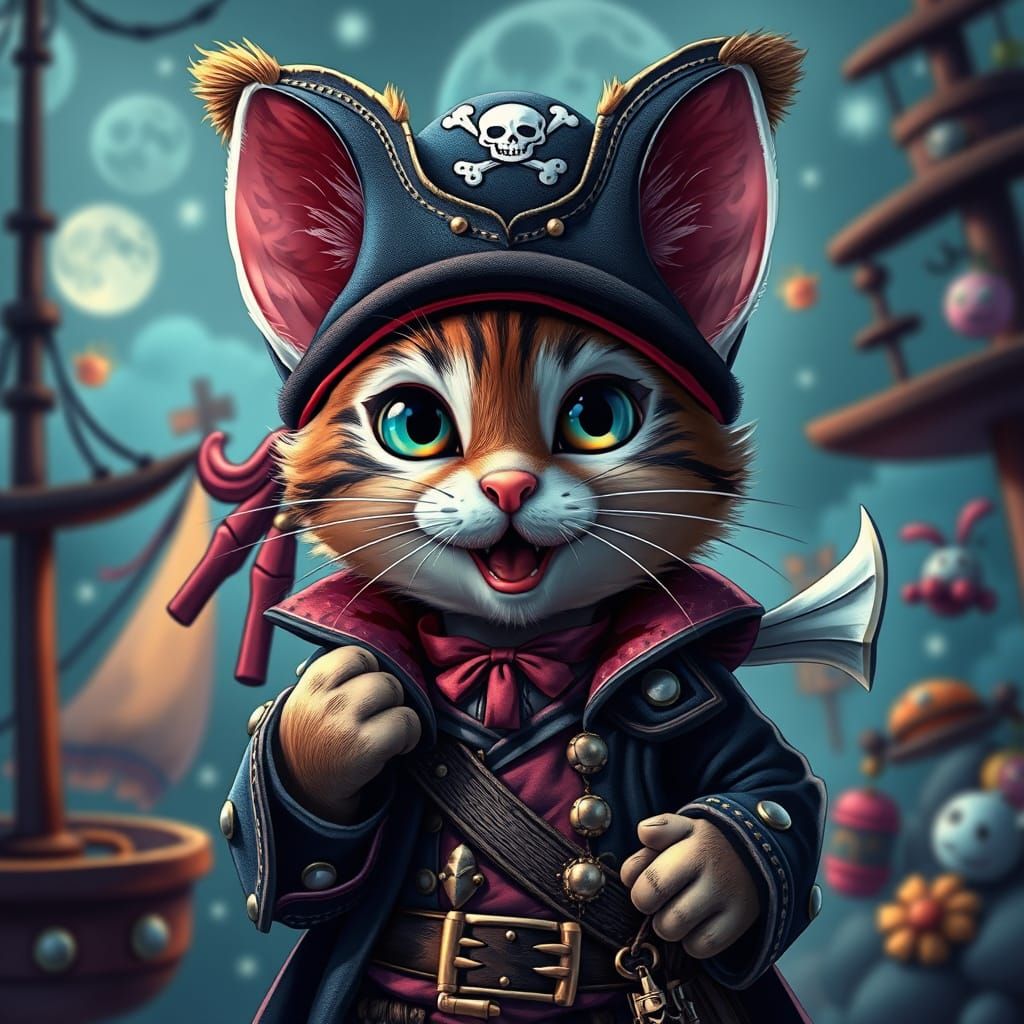 Cartoon Kitty Pirate in Whimsical Fantasy Style