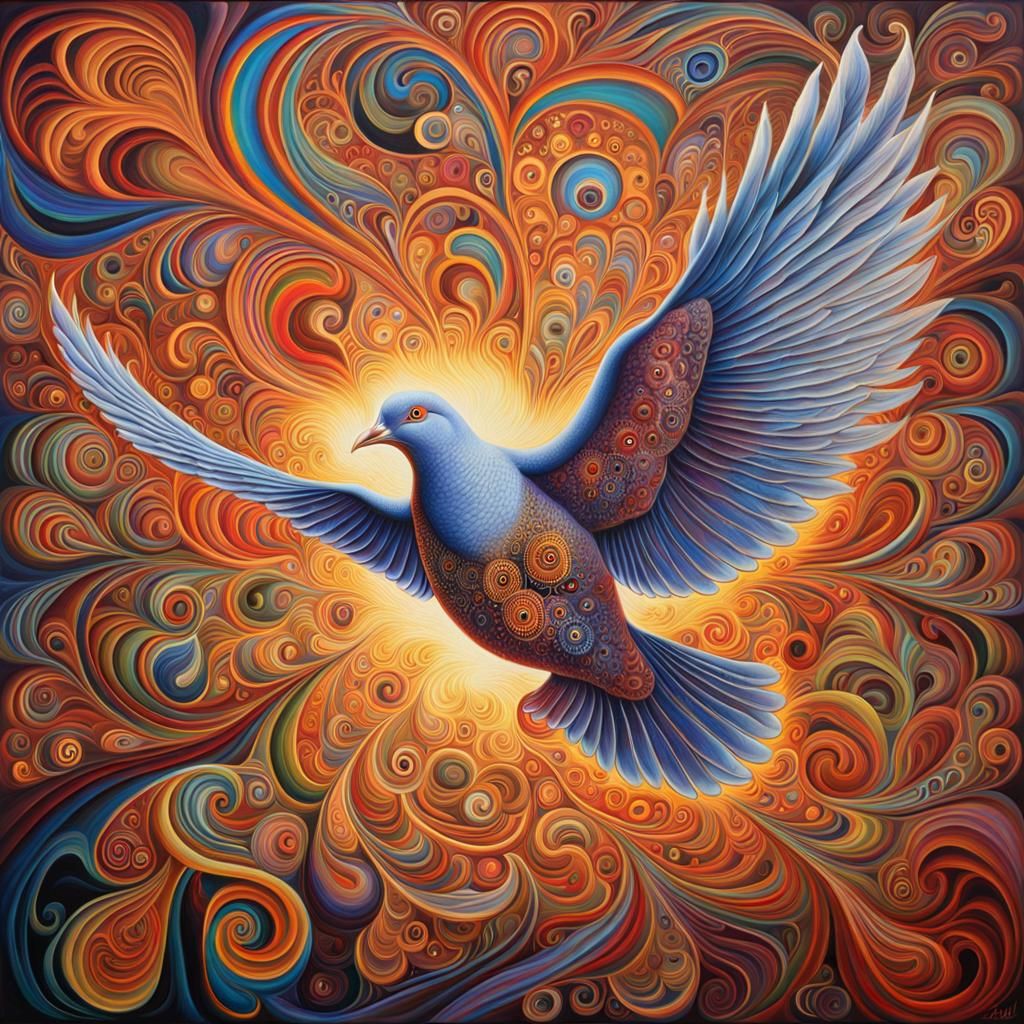 Psychedelic Dove in Flight: Vibrant Oil Painting