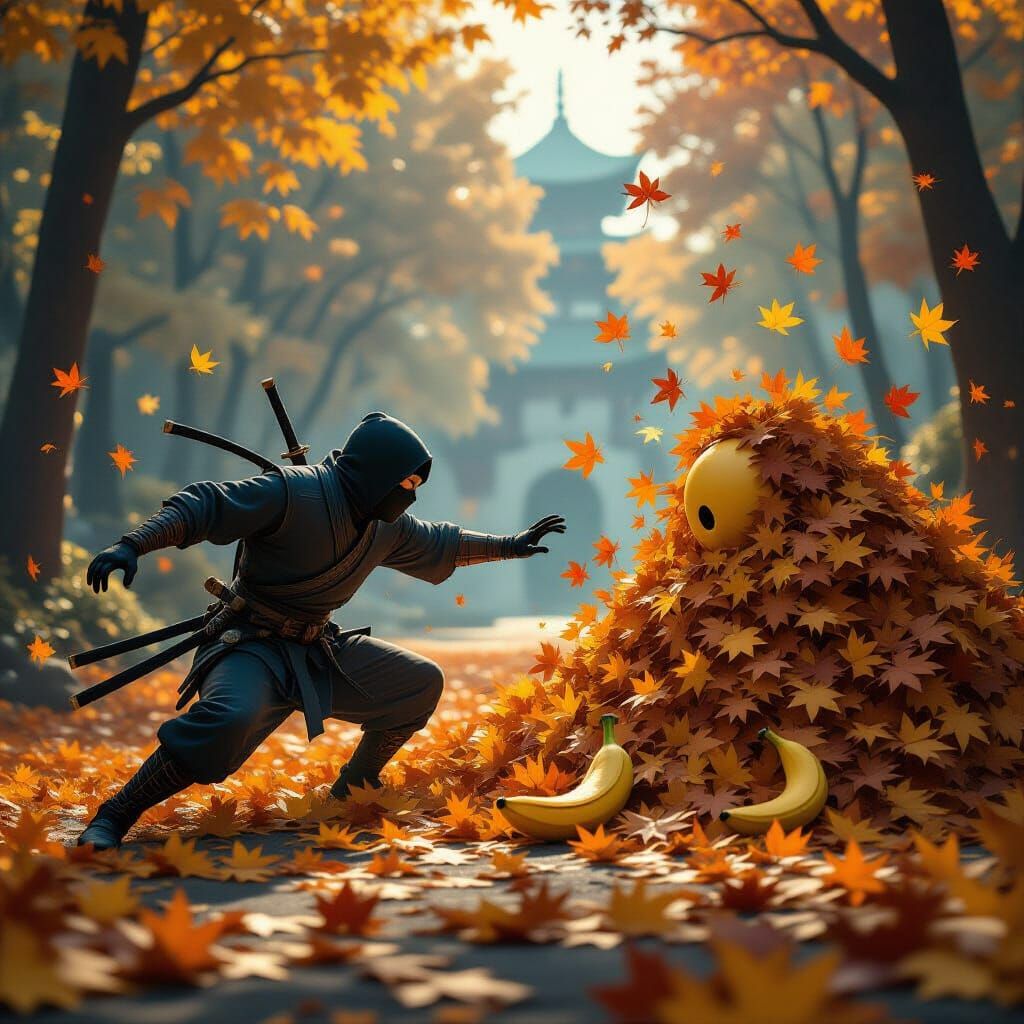 Ninja Slips on Banana Peel in Autumn Leaves