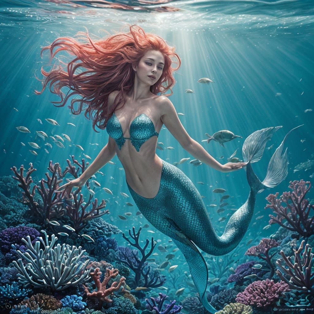 Graceful Mermaid in Coral Reef: Hyper-Realistic