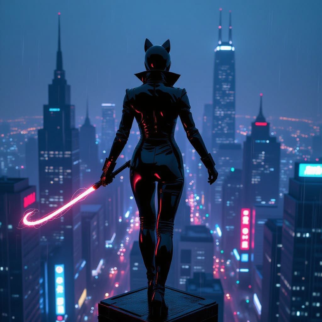 Cyberpunk Woman with Energy Whip on Skyscraper
