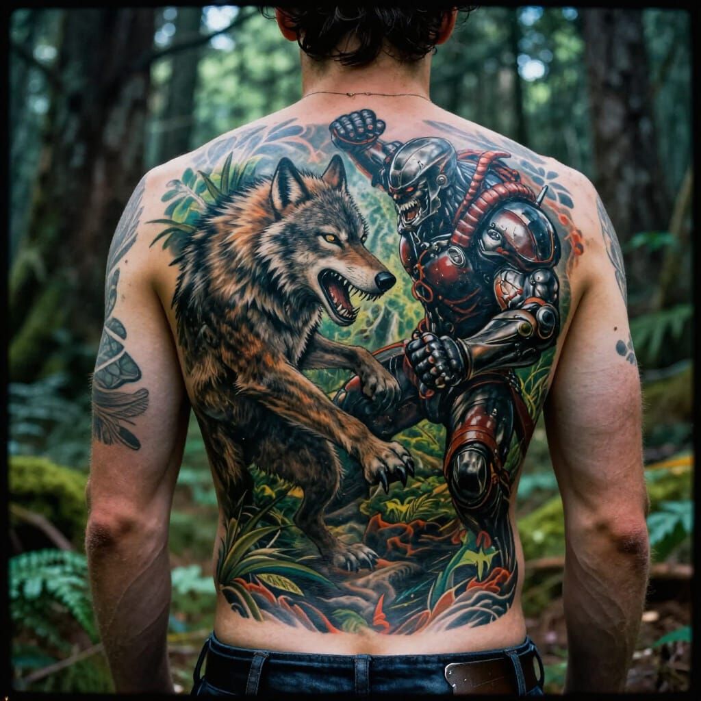 Werewolf vs Cyborg Tattoo Art in Forest