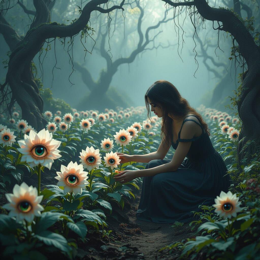 Surreal Garden with Human-Eye Flowers