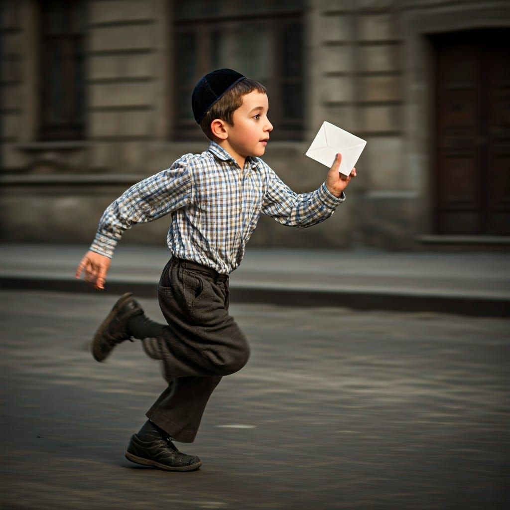 Jewish Boy Runs Through Old European Town at Sunset