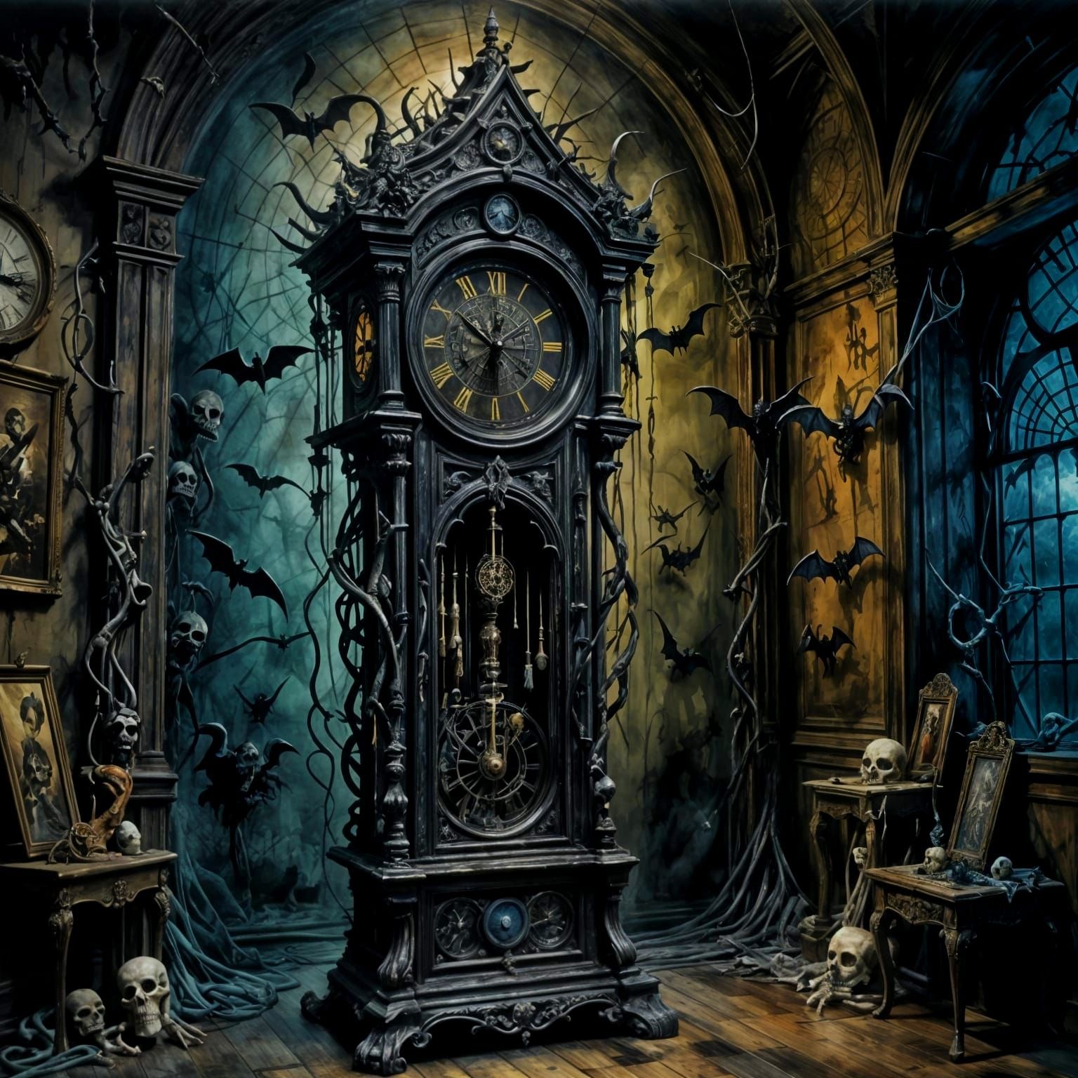 Spooky Bone Clock in Dark Wizard Chamber