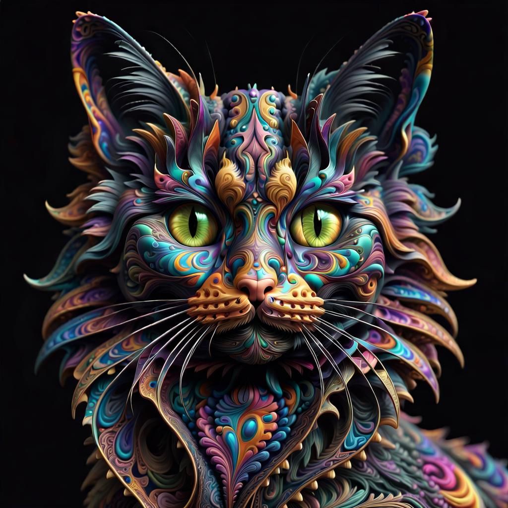 Vivid Fractal Cat Bust in Paisley Style