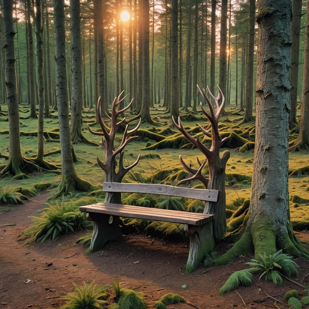 Irish Elk Bench at Sunset in Forest