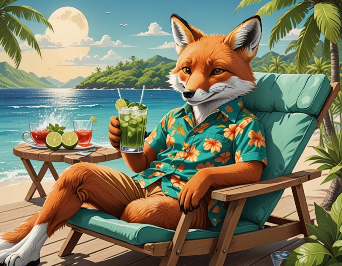 Relaxed Anthropomorphic Fox Enjoying a Mojito: Manga Style
