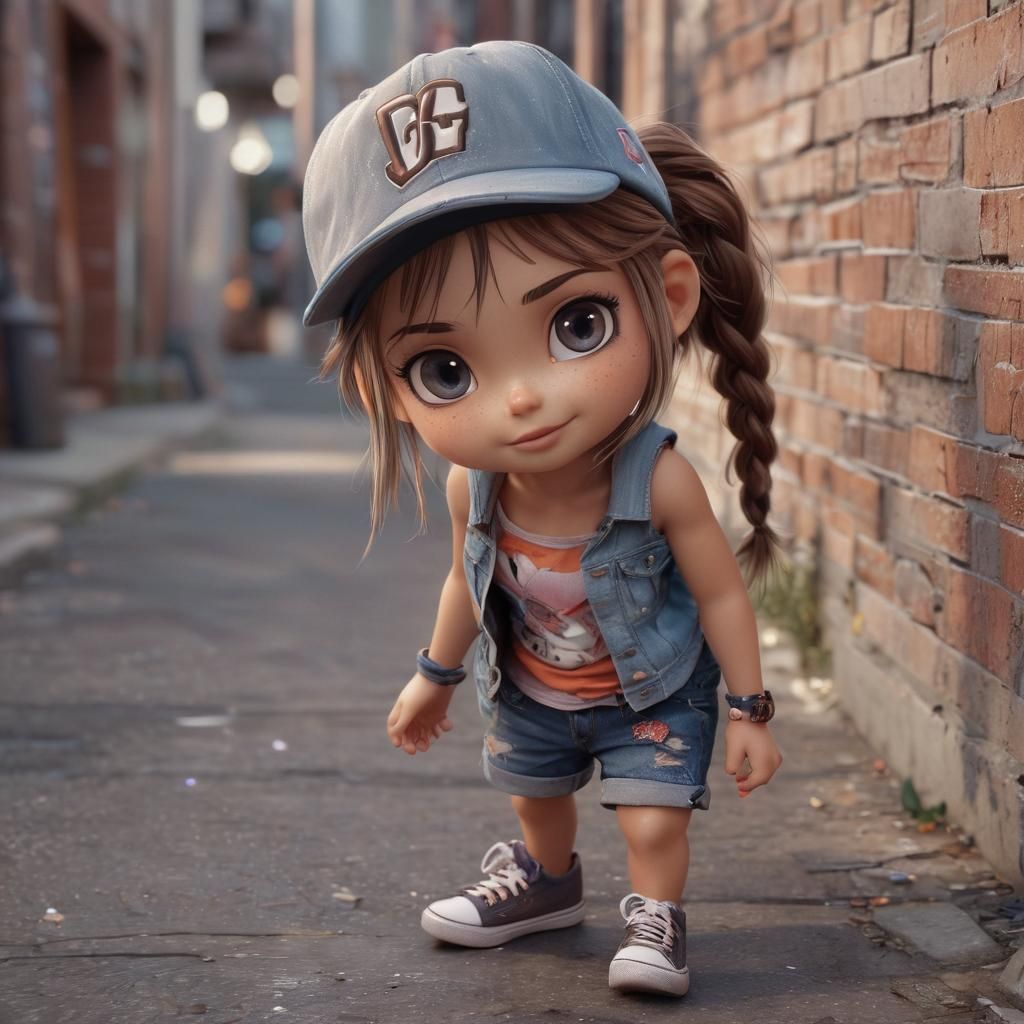 Chibi Skateboarder in City Alleyway: Digital Art