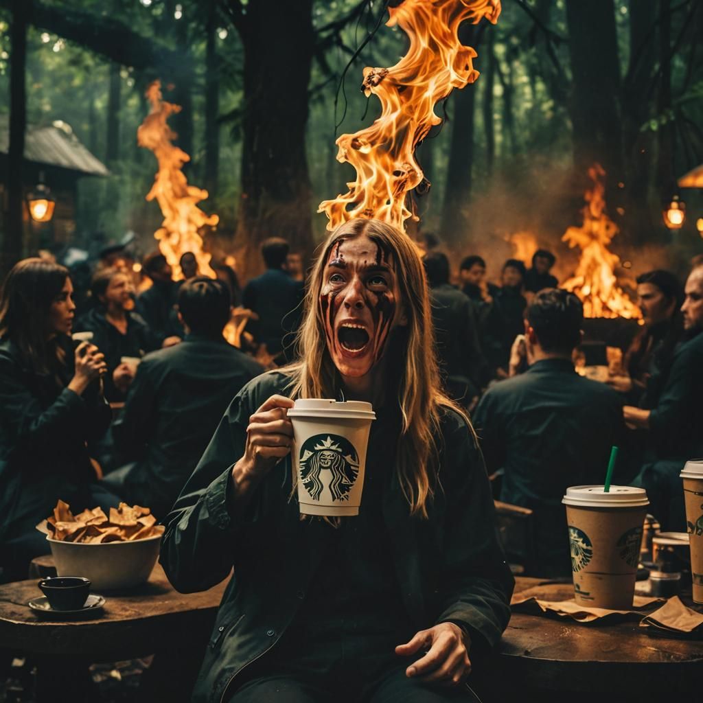 Burning Starbucks: Expressionist Rainforest Scene