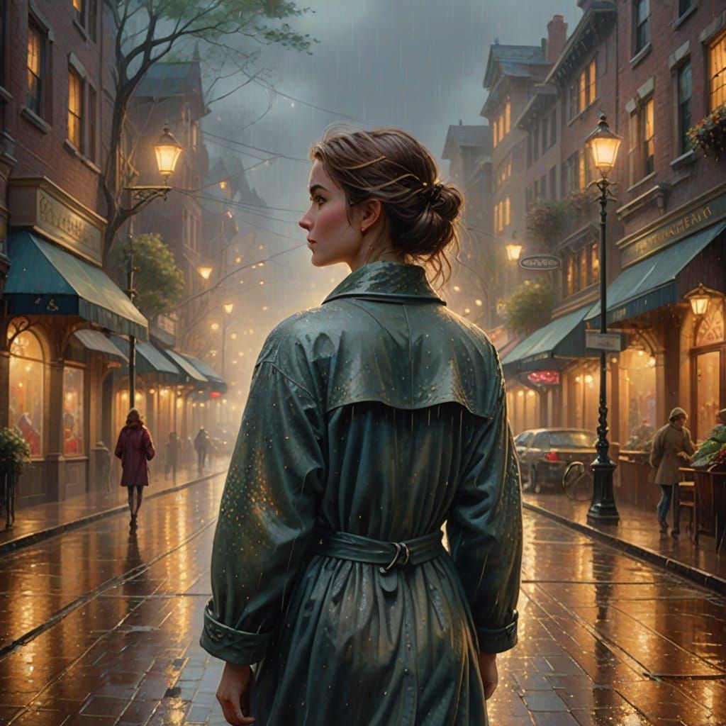 Ethereal Rainy Street Scene in Kinkade Style