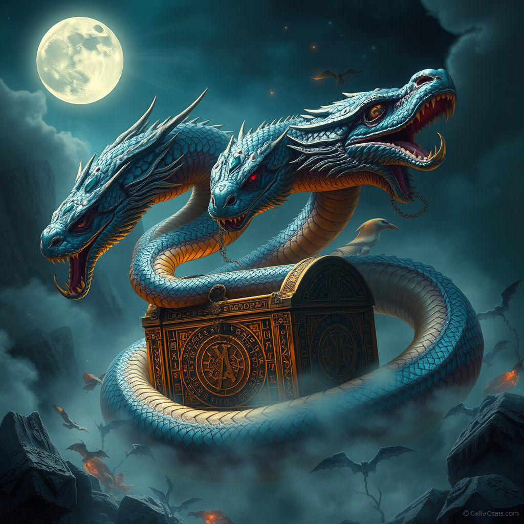 Mystical Multi-Headed Serpent Guarding Ancient Treasure