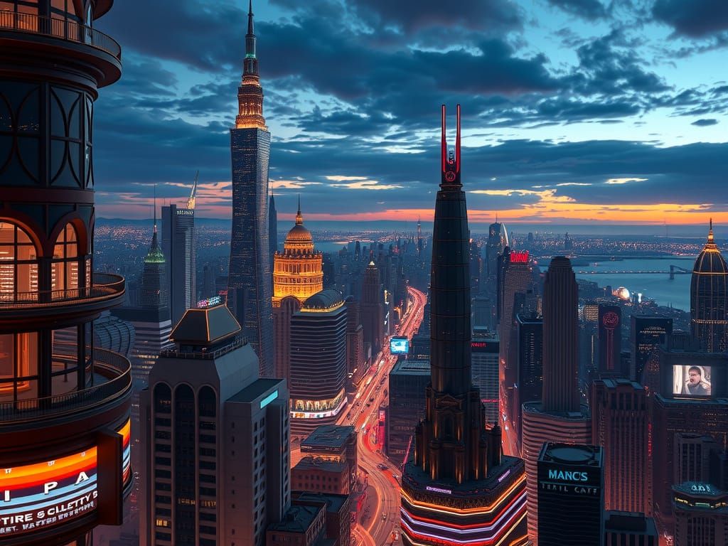 Futuristic Metropolis at Dusk in Syd Mead Style