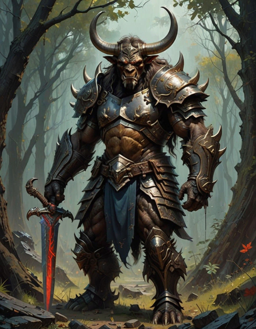 Vibrant Dark Fantasy Minotaur Demon in Intricate Oil Paintin...