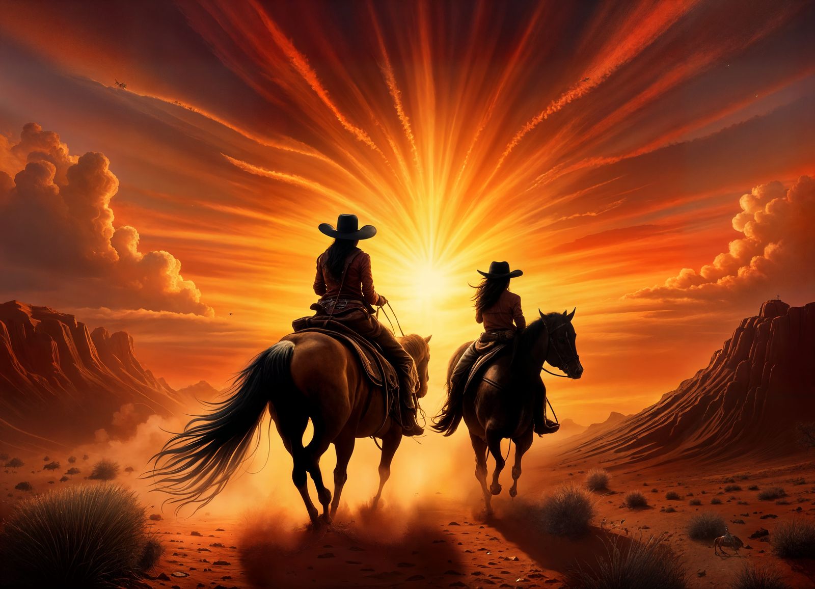 Cowgirl Rides into Sunset: Matte Painting Style