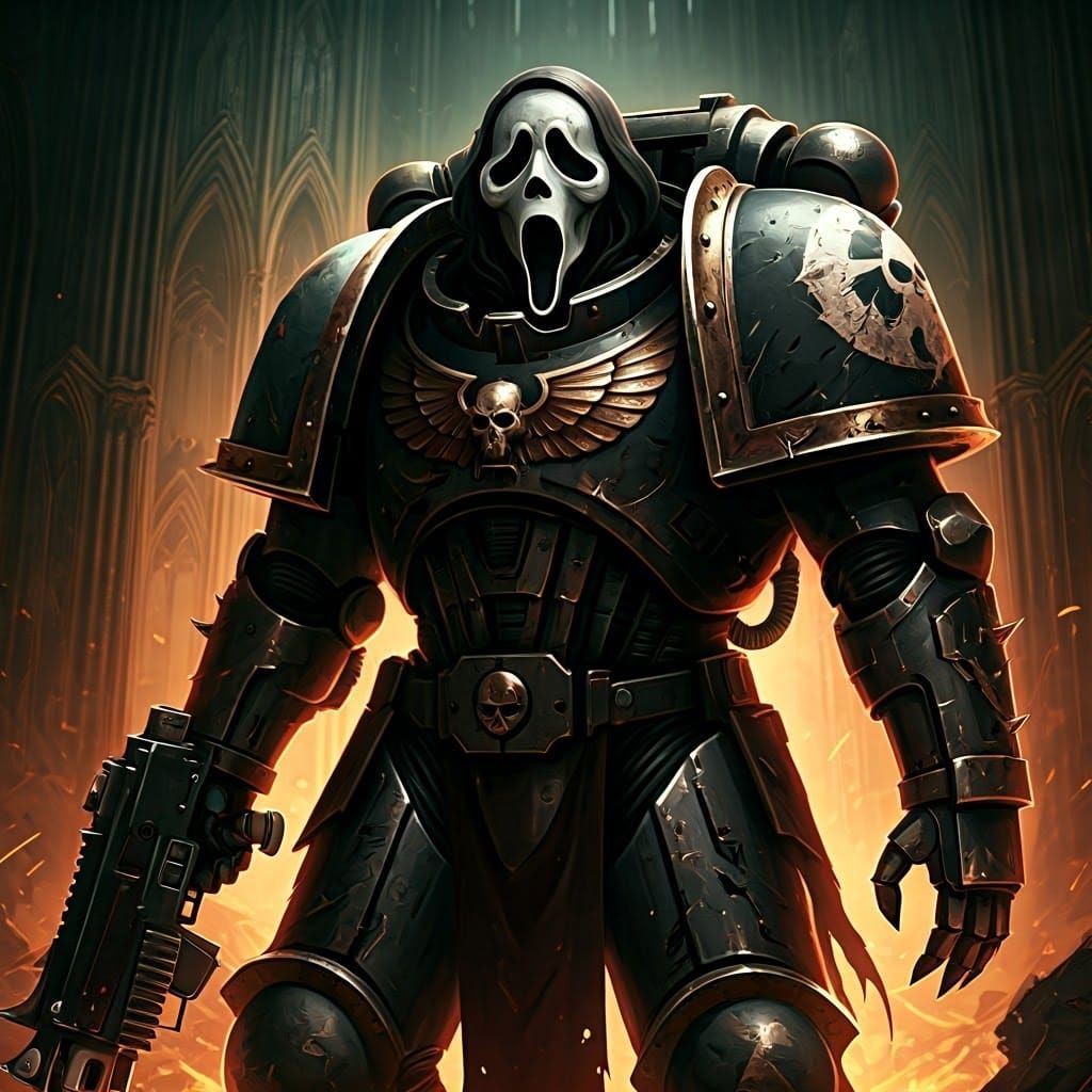 Ghostface as Chaos Space Marine in Ruined Cathedral
