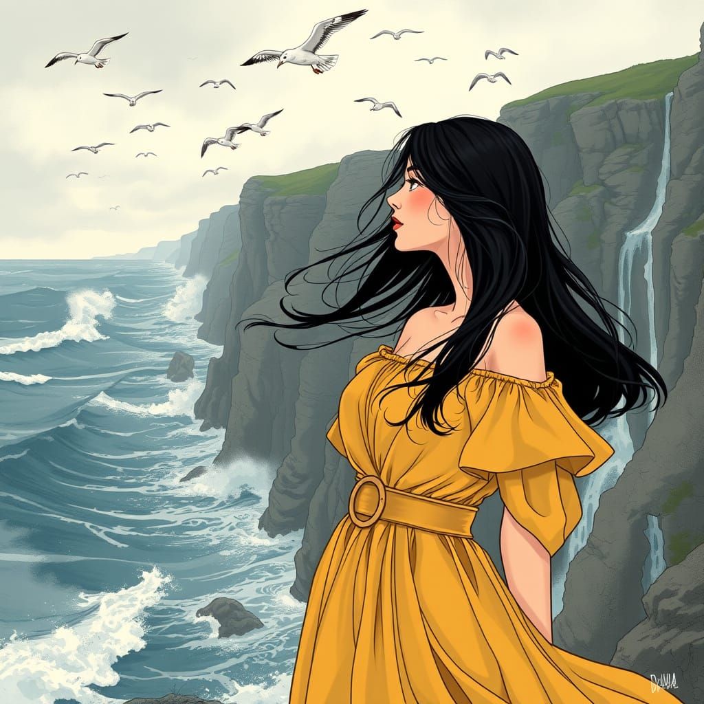 Woman in Golden Gown on Rugged Coastline