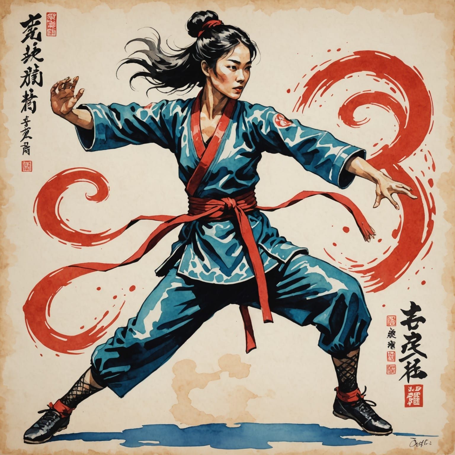 Jumping Kung Fu Dancer in Ripped Costume - Vintage Anime Ink