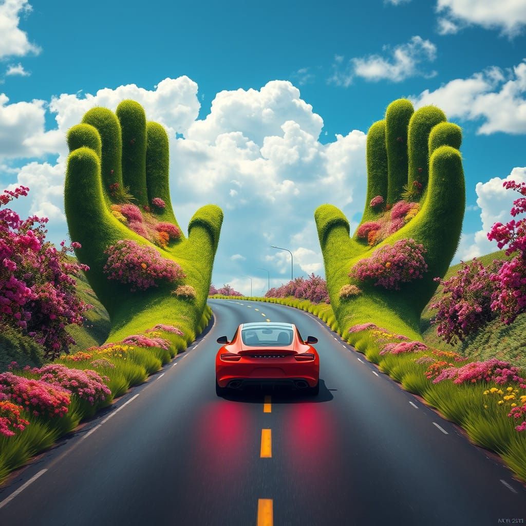 Sleek Fantasy Car Speeds Down Enchanted Road with Blooming S...