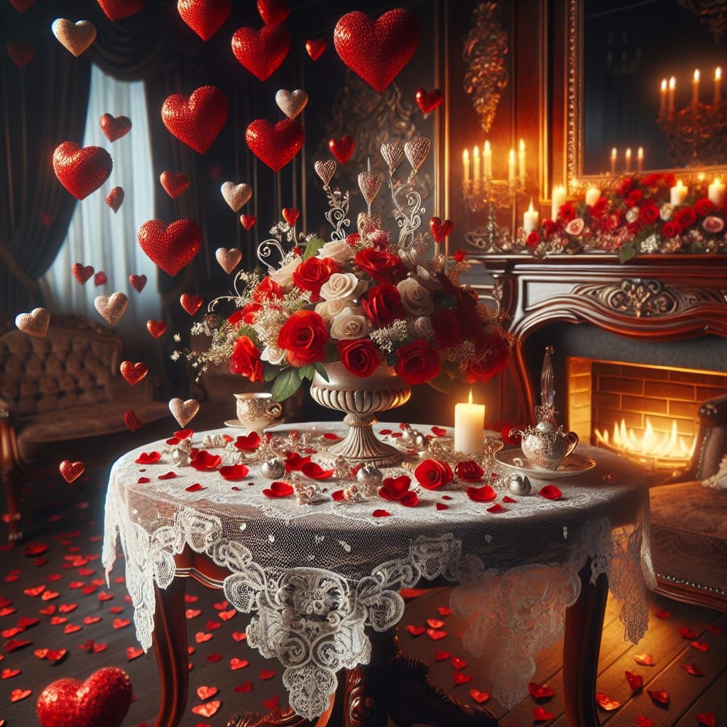 Romantic Valentine's Day Interior Scene with Delicate Hearts...