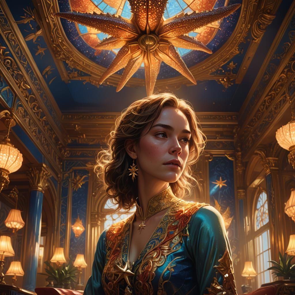 Ornate Room Portrait with Starfish Lamp, in Digital Art Styl...