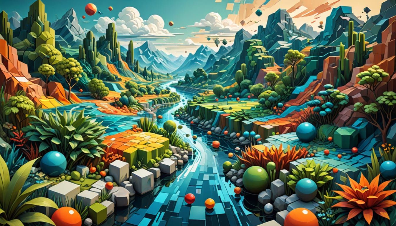 Geometric River Landscape in Cubism Style