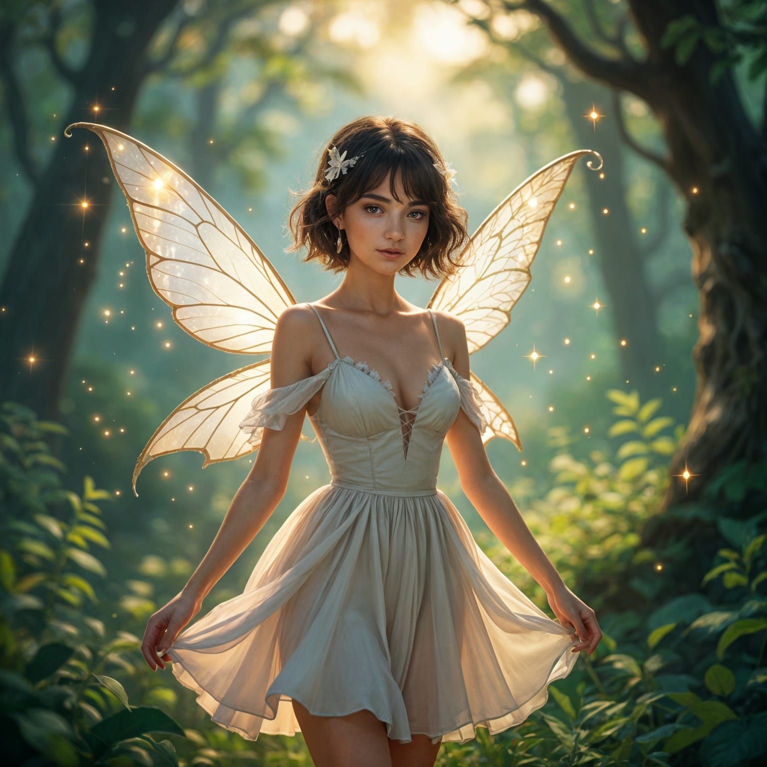 Ethereal Fantasy Portrait with Magical Forest and Golden Hou...