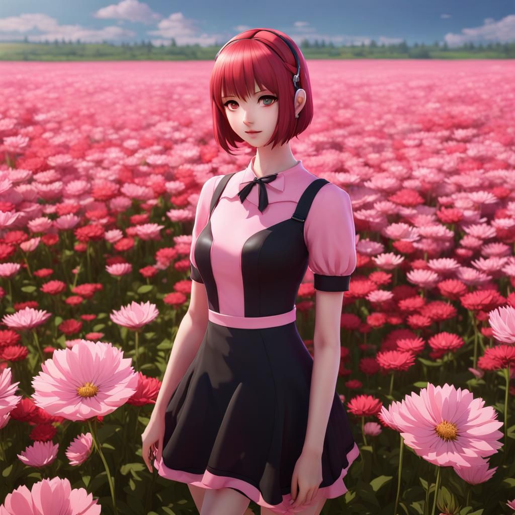 Anime Girl in Pink Dress in Flower Field