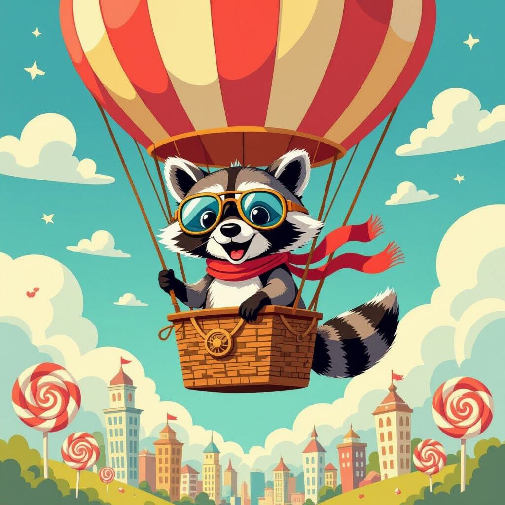 Raccoon Pilot in Candy City, Animated Illustration