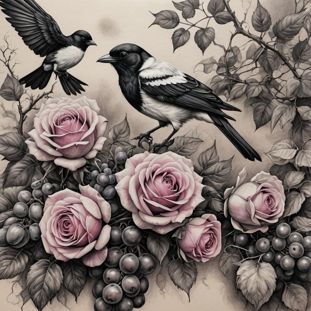 Magpie, Rose and Grapes in Tattoo Art Style