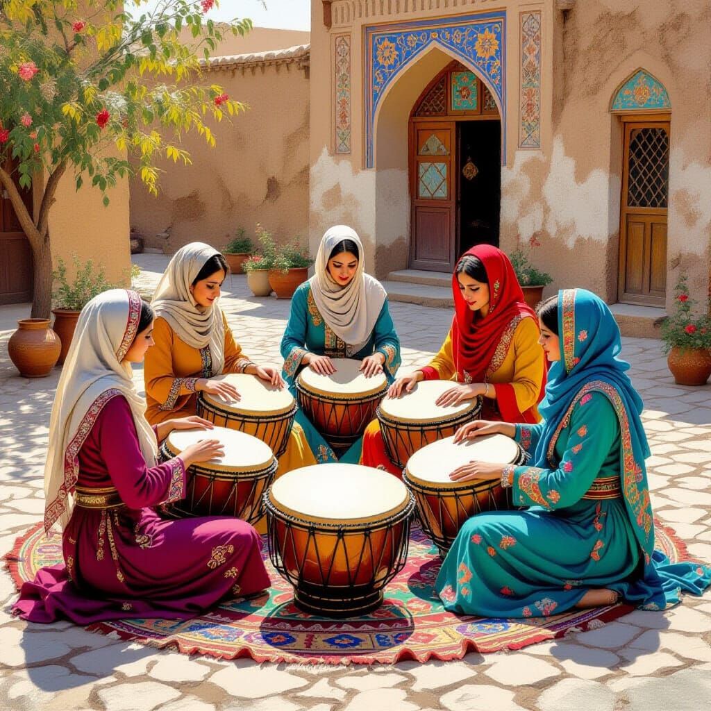 Iranian Women Drummers in Earthy Village Square