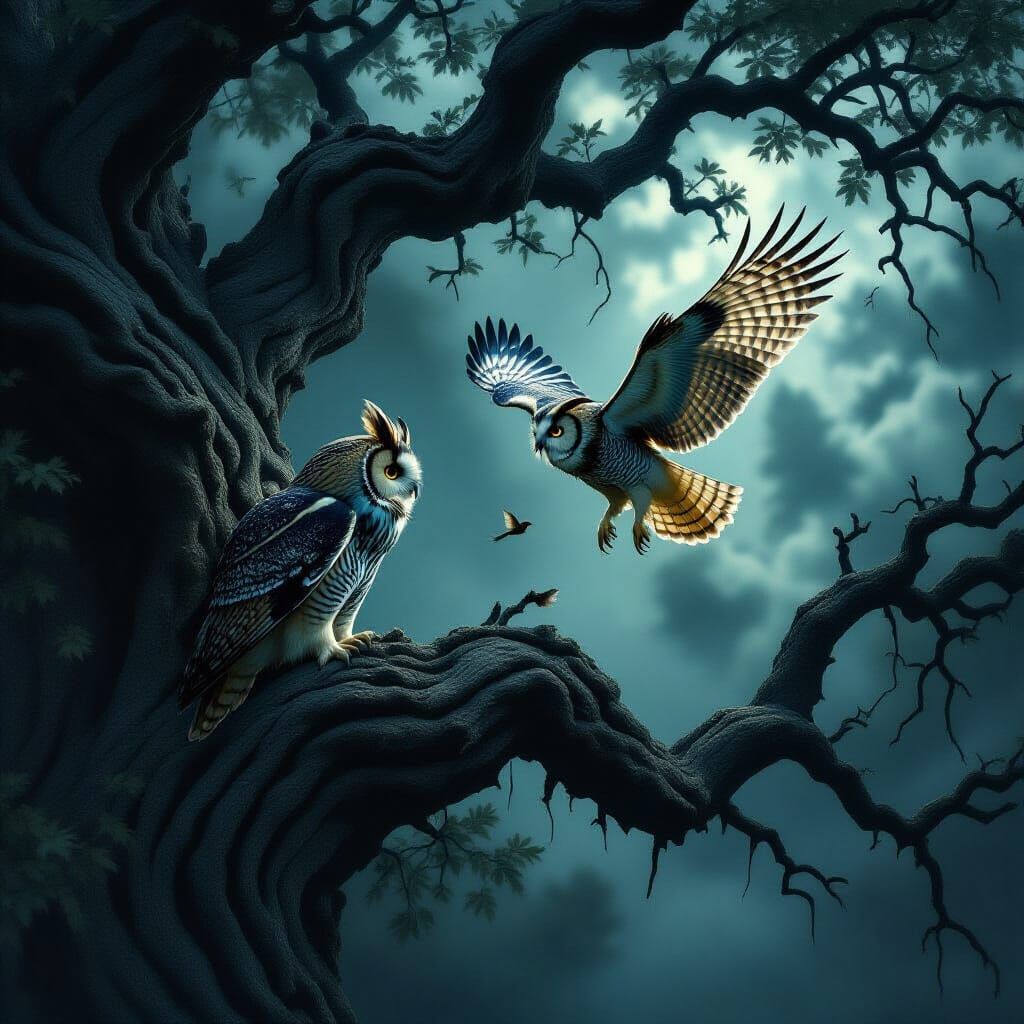 Great Horned Owl Hunts Sparrow in Stormy Forest