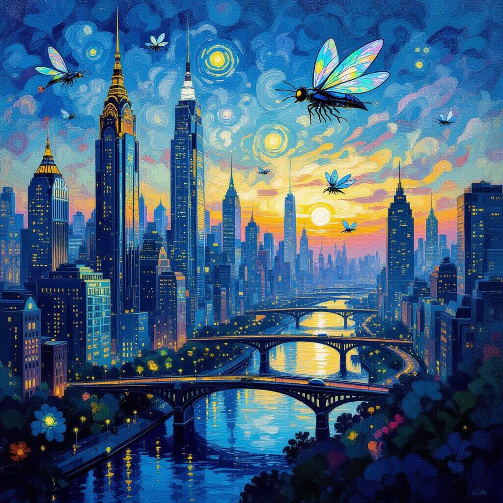 Art Nouveau Cityscape with Bioluminescent Flora