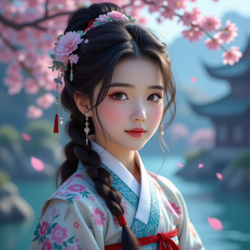 Young Korean Girl in Deep Color Matte Painting