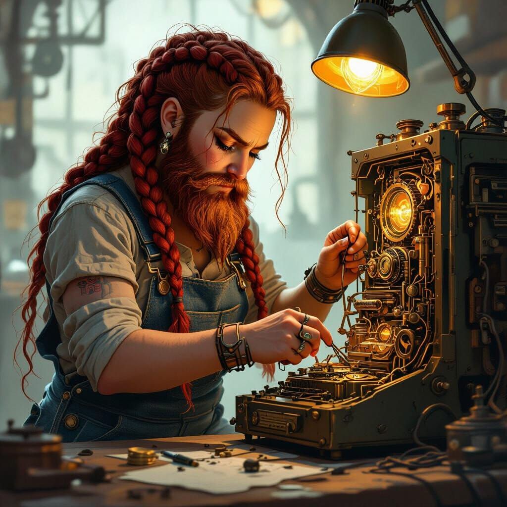 Dwarf Technician Repairs Steampunk Computer in Digital Paint...