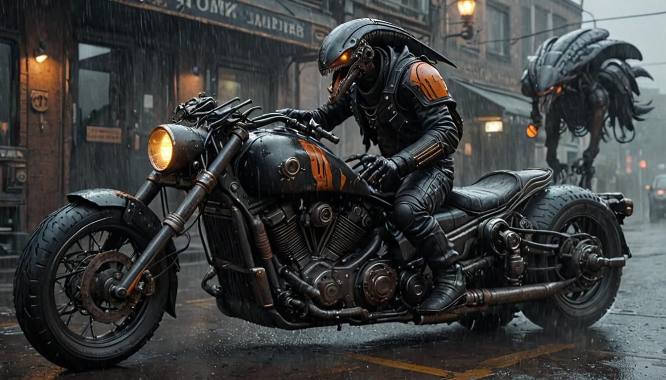 Dieselpunk Alien Biker on Rainy Night Street