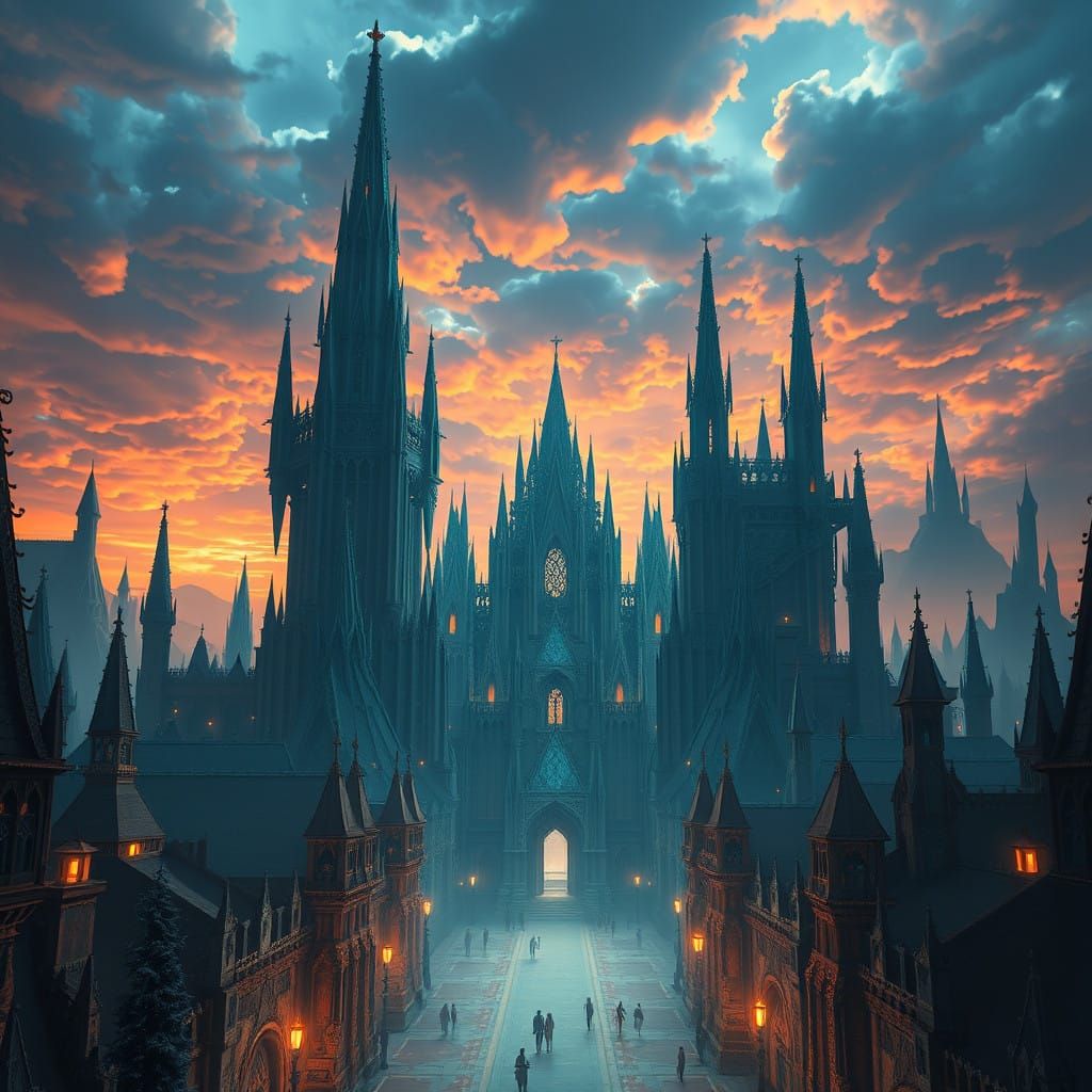 Surreal, Fantasy Realm with Majestic Spires and Golden Skies
