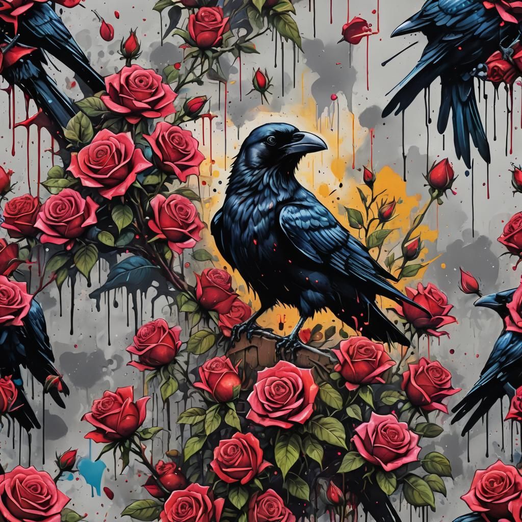 Crow on Roses in Graffiti Street Art Style