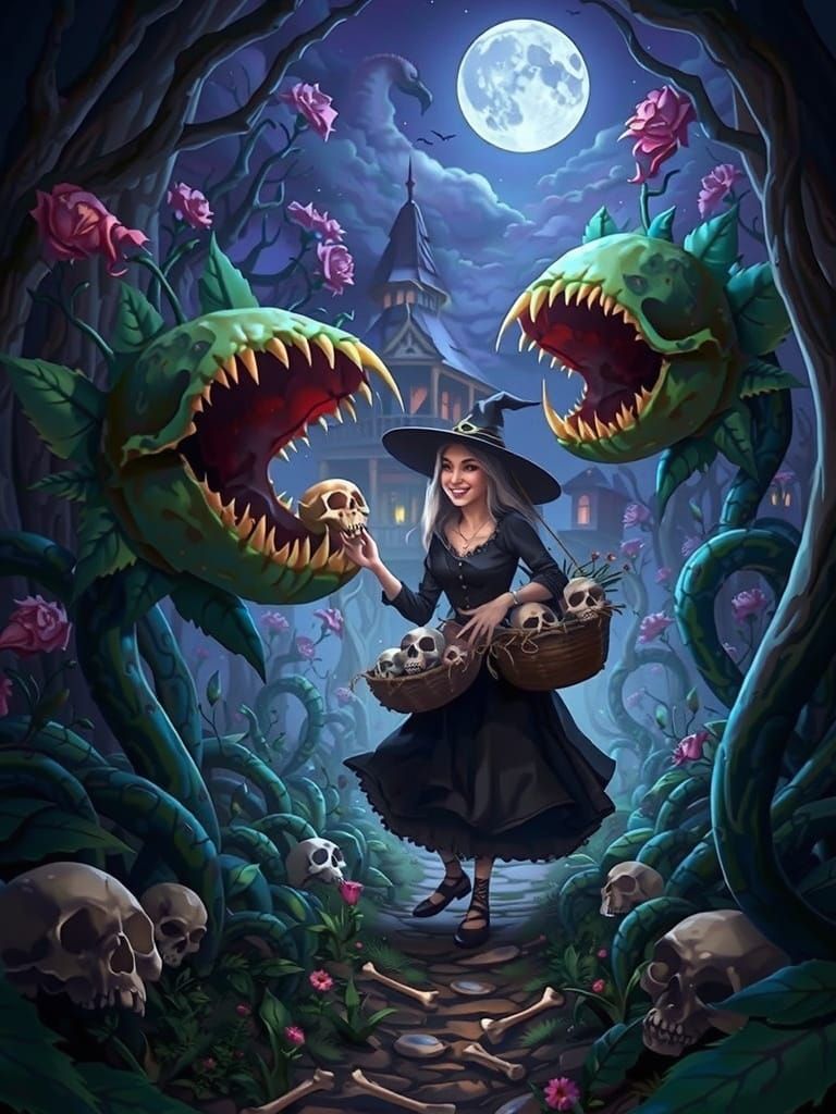 Witch in Skull Garden Feeding Carnivorous Plant