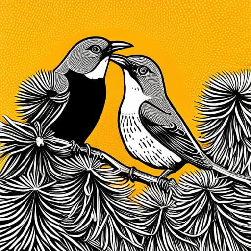 Linoprint of Honeyeaters Feeding on Banksia Flowers