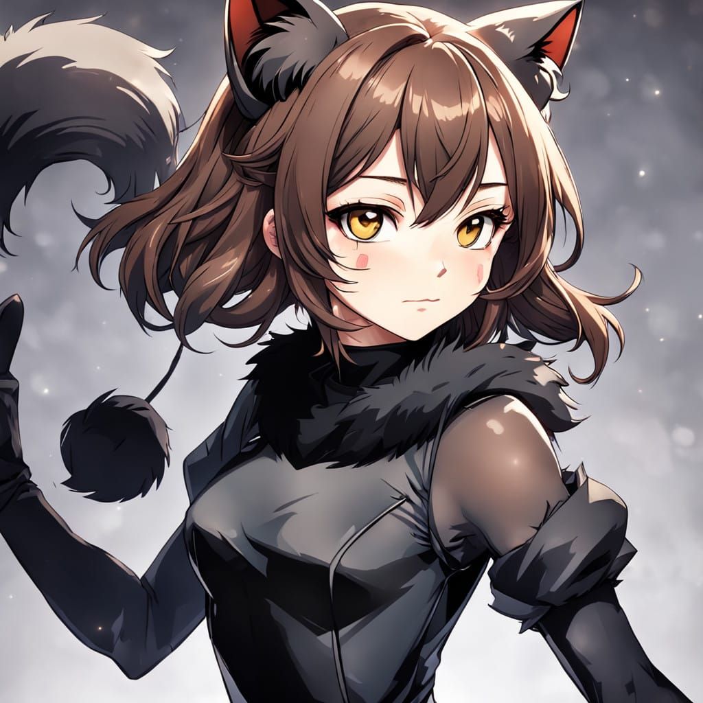 Sultry Anime Catgirl with Brown Eyes and Short Brown Hair