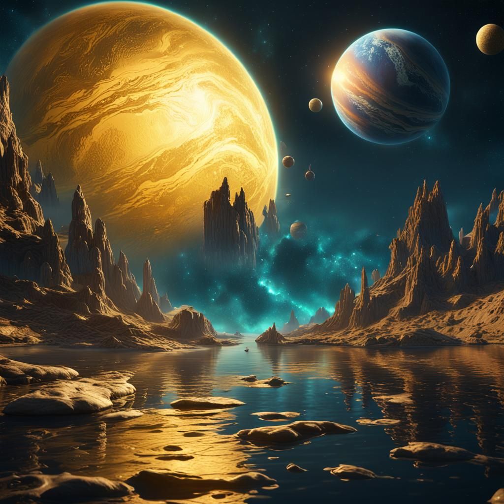 Golden Planet with Water in Space: Fantasy Concept Art