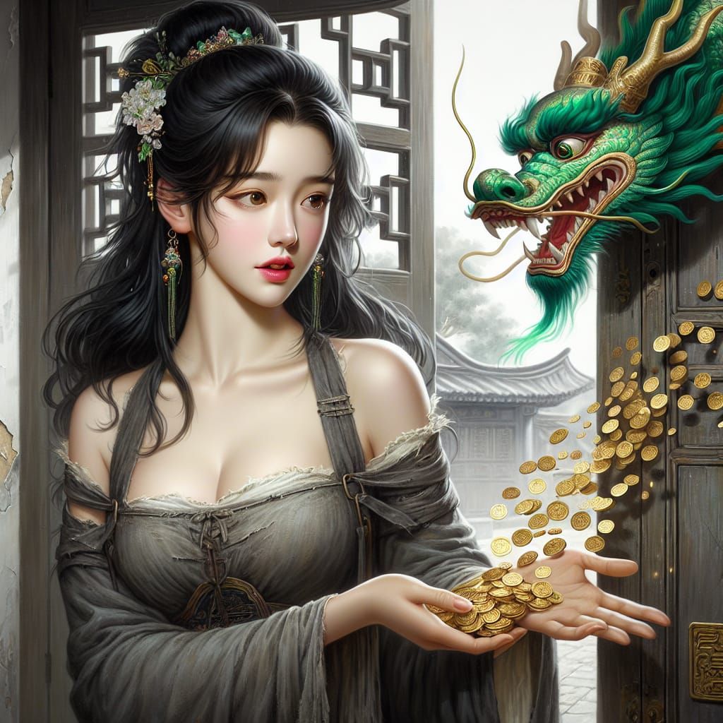 Emerald Dragon Blesses Woman with Gold Coins
