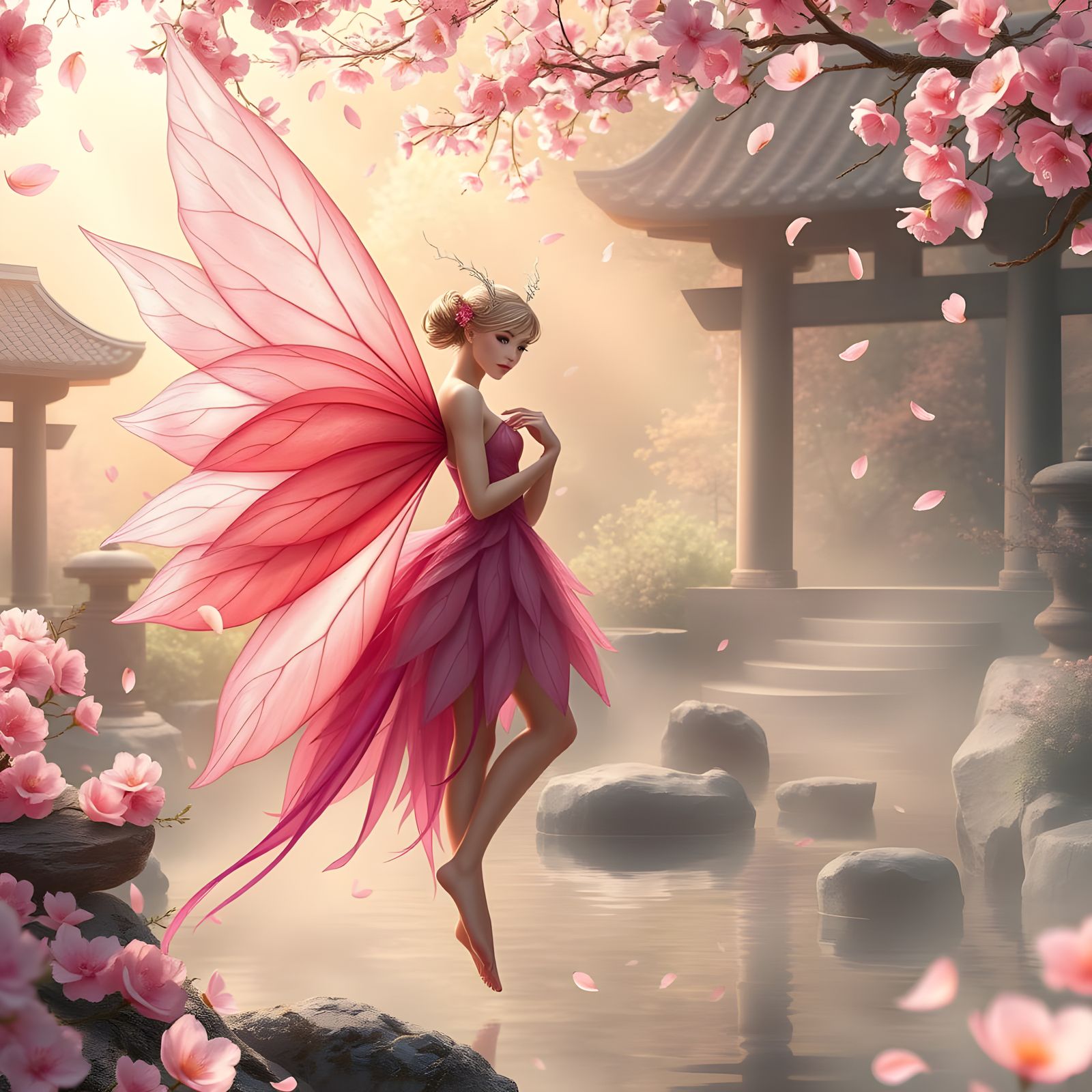 Graceful Cherry Blossom Fairy in Japanese Garden