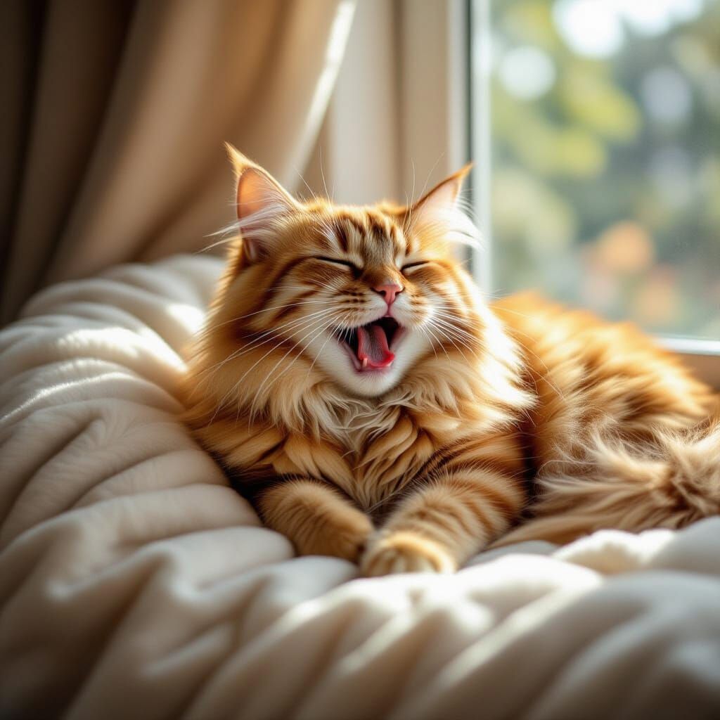 Fluffy Ginger Cat Yawns on Sunlit Window Seat
