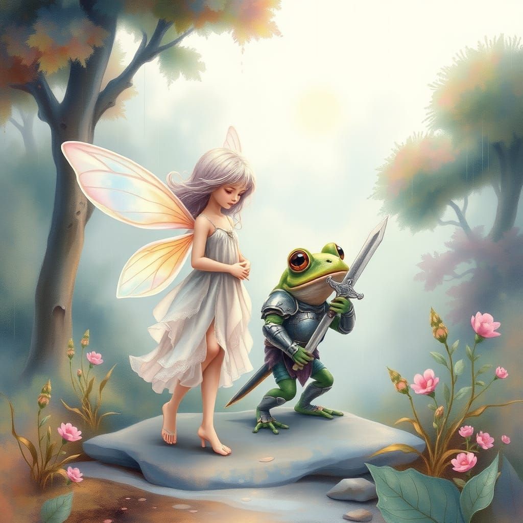 Dreamy Pastel Fairy with Frog Warrior in Whimsical Rainy Lan...