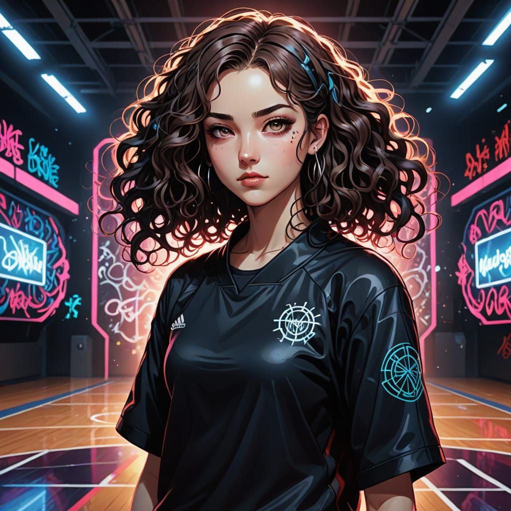 Gothic Goddess Basketball Star in High Contrast Manga Style